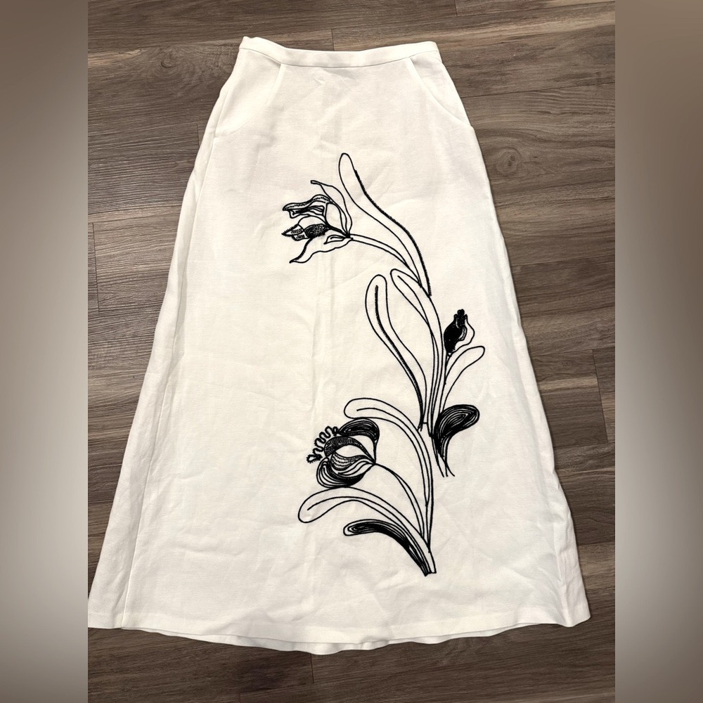 Zara White Linen Blend Embroidered Skirt
